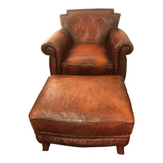 1980s Vintage Councill Masculine Leather Club Chair & Ottoman For Sale