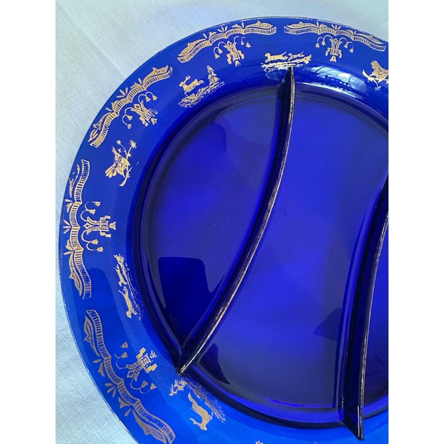 Vintage Cobalt Blue Glass Divided Serving Dish w/Gold Decorations Late-20th Century Cobalt blue glass has been prized for...