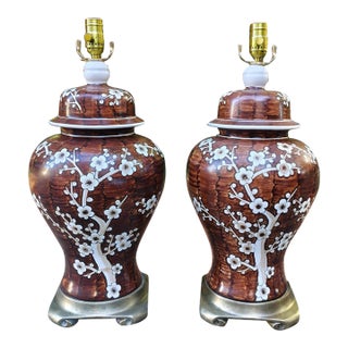 Vintage Chinoiserie Brown & White Floral Ginger Jar Table Lamps – Pair For Sale