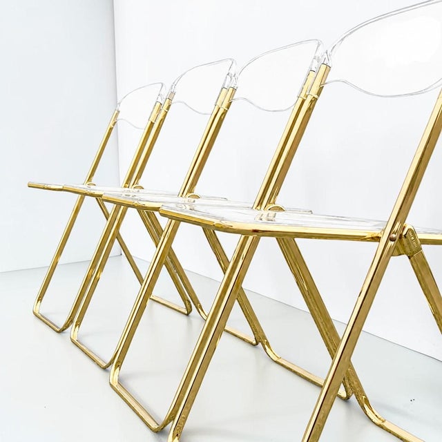 Metal Giancarlo Piretti Style Brass Folding Chairs- Set of 4 For Sale - Image 7 of 9