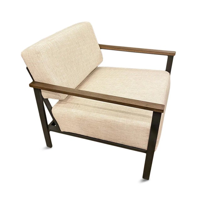 Wide Iron Oak Linen Arm Chair For Sale - Image 4 of 11