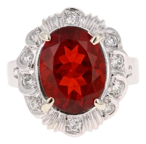 3.79 Carat Fire Opal Diamond White Gold Victorian Style Cocktail Ring, Size 7