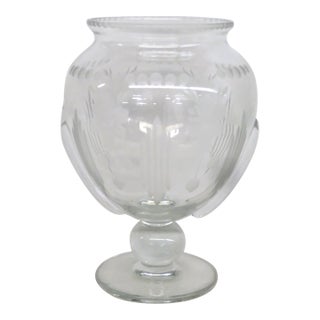 Neoclassical Italian Style Glass Pedestal Urn Vase Etched Floral Motif 5111b For Sale
