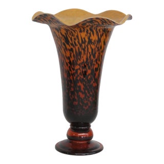 Art Glass Vase Italian Style Tortoiseshell Leopard Print With Ruffled Edge 4881b For Sale