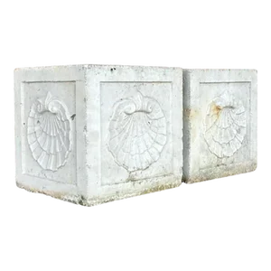 Vintage Coastal Cast Concrete Clam Shell Planters - a Pair