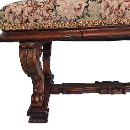 Art Nouveau Early 20th Century Antique Upholstered Horsehair Stuffing Walnut Wood Bench For Sale - Image 3 of 17
