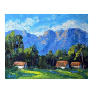 Three Cottages Beneath the Santa Ynez Mountains, Original Oil Painting For Sale
