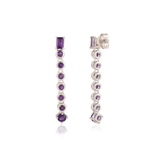 Contemporary Stunning 925 Silver Linear Long Danglers With Purple Amethyst Gemstones - 2 Piece For Sale - Image 3 of 10