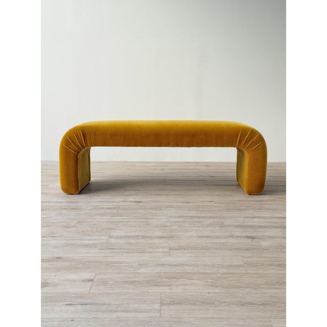 Karl Springer 1980s Waterfall Bench in Golden Ochre Mohair For Sale - Image 4 of 9