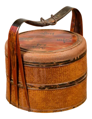 Antique Chinese Rattan Tiered Lunch Box with Carved Handle and Calligraphy