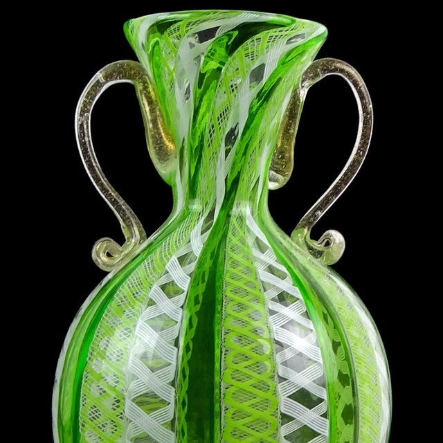 Abstract Murano Venetian Style Green White Gold Flecks Italian Art Glass Vintage Footed Double Handles Flower Vase For Sale - Image 3 of 6