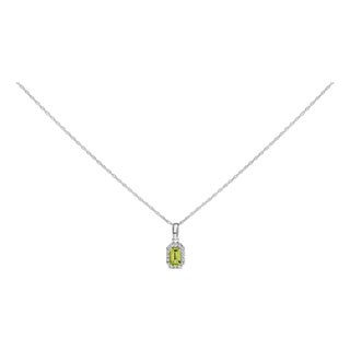 10K White Gold 5x3mm Green Peridot and Diamond Accent Halo Octagonal Shape 18" Pendant Necklace (I-J Color, I1-I2 Clarity) For Sale