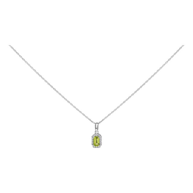 10K White Gold 5x3mm Green Peridot and Diamond Accent Halo Octagonal Shape 18" Pendant Necklace (I-J Color, I1-I2 Clarity) For Sale