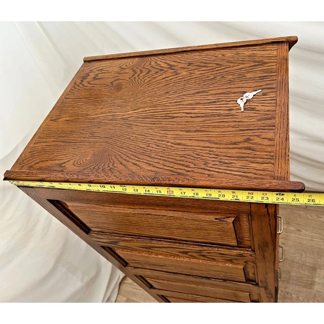 Vintage Tiger Oak File Cabinet Four Locking Drawers, Paneled Sides Legal Size For Sale - Image 11 of 12