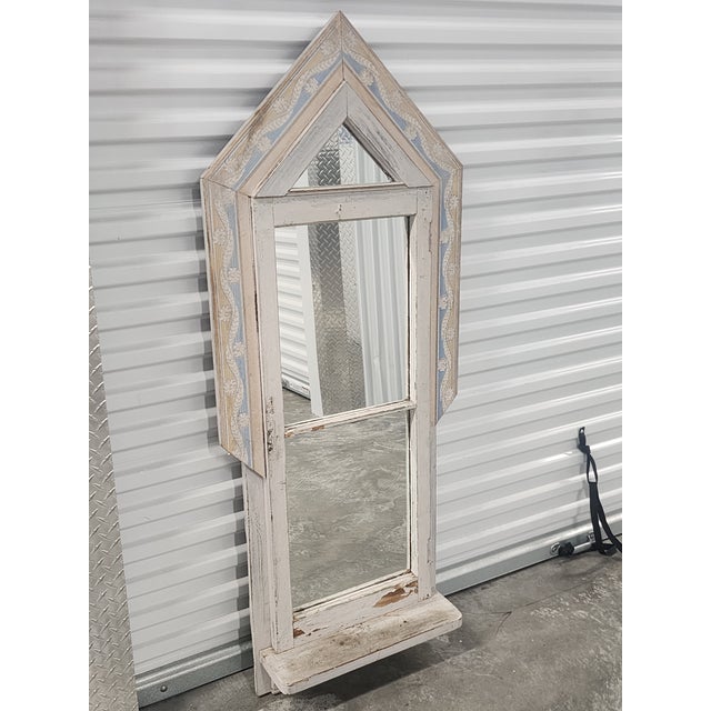 Farmhouse Vintage Reclaim Painted Wood Mirror With Shelf For Sale - Image 3 of 11