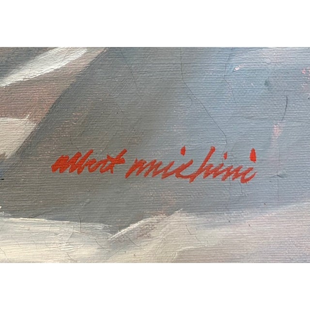 Wood Mid Century Listed Artist Oil on Canvas Painting - The Bench - Signed Albert Michini For Sale - Image 7 of 8