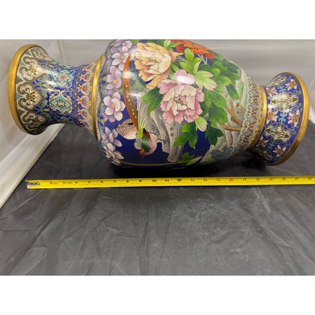 Large 20" Chinese Cloisonne Enamel Vase Cobalt Blue Birds Cherry Blossom Vintage For Sale - Image 10 of 12