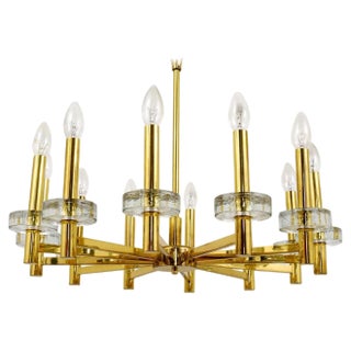 Italian Mid-Century Brass Textured Glass Discs Chandelier attributed to Sciolari, 1970 For Sale