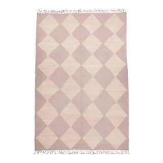 Champagne Blush & Dusty Rose Diamond Checker Zanafi Flatweave Moroccan Wool Rug 9x12 For Sale