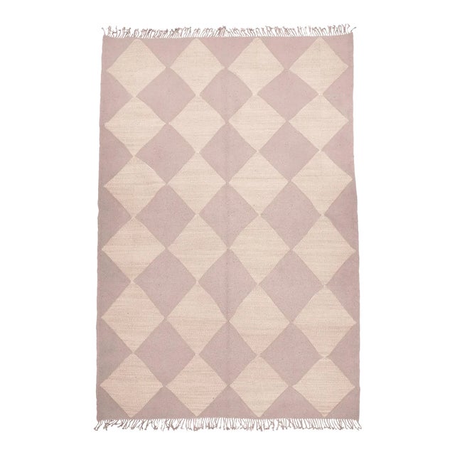 Champagne Blush & Dusty Rose Diamond Checker Zanafi Flatweave Moroccan Wool Rug 9x12 For Sale
