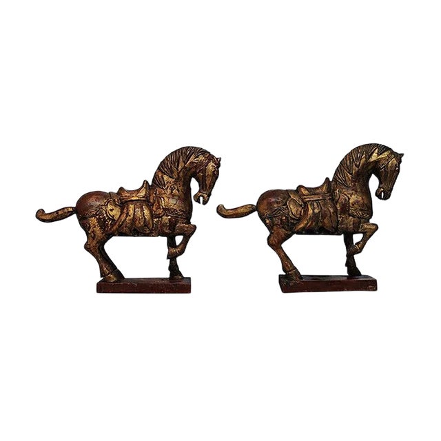 Chinese Tang Dynasty Style Decorative Carved Wood Horse Sculptures, Set of 2 For Sale