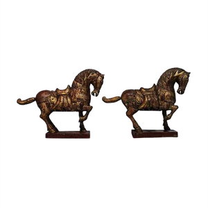 Chinese Tang Dynasty Style Decorative Carved Wood Horse Sculptures, Set of 2