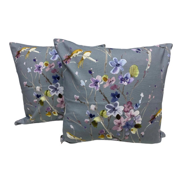 Pair of 20" Square Pillows With Delicate Bird & Violet Floral Pattern on a Periwinkle Blue Background - Made in Uk. For Sale