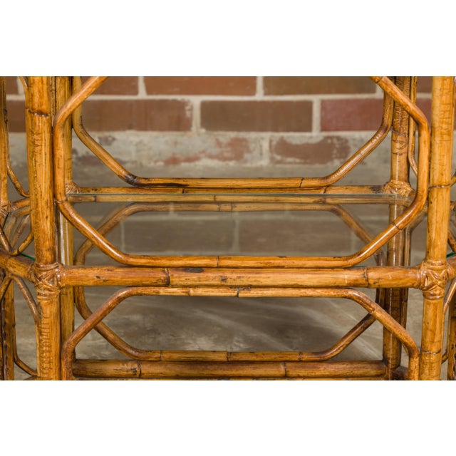 Mid-Century Modern Midcentury Bamboo and Glass Etagère with Five Shelves and Geometric Accents For Sale - Image 3 of 12