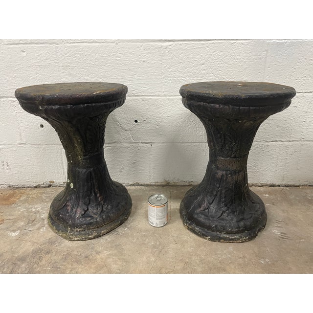 Pair of Vintage North Carolina Estate Blackened Cast Stone Garden Stools For Sale - Image 10 of 11