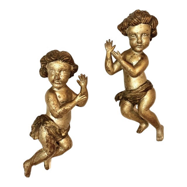 Pair 17th Century Italian Hand Carved Baroque Giltwood Putti For Sale