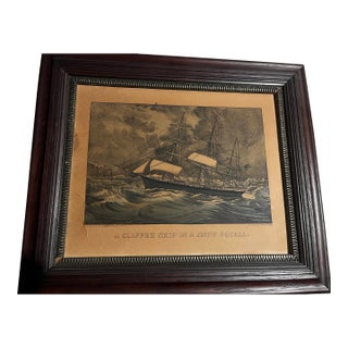 Antique Currier & Ives Maritime Lithograph – A Clipper Ship in a Snow Squall – Framed Nautical Art For Sale