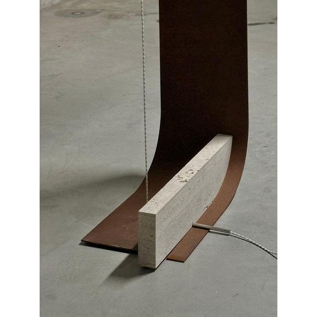 Equo X Floor Lamp in Bent Iron with Stainless Steel and Travertine by D´ARK Atelier For Sale - Image 15 of 18