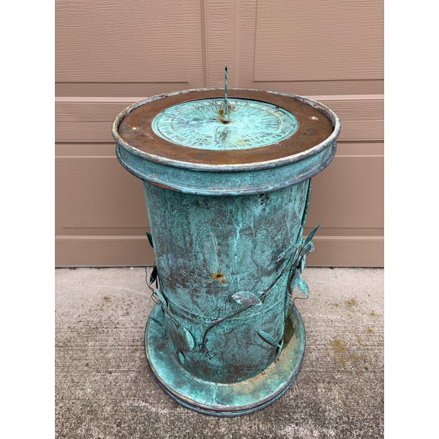 Vintage English Country Classical Verdigris Iron Sundial on Copper Pedestal Base "Grow Old Along With Me" For Sale - Image 12 of 12