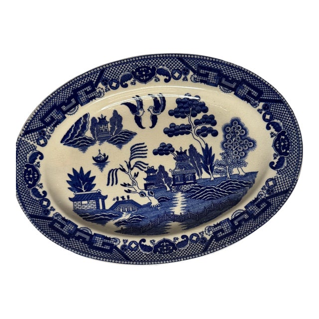 Vintage Blue Willow Style Oval Serving Platter – Japan Transferware (12”) For Sale