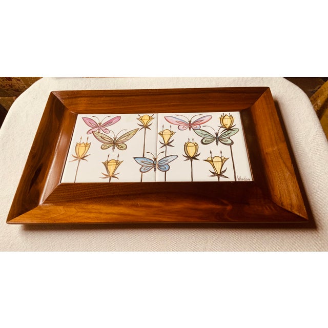 Aida Whedon Mid-Century Modern Porcelain & Cherry Wood Decorative Tray - Butterflies & Botanical Design For Sale - Image 10 of 15