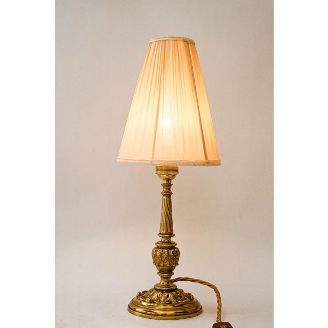 Antique Brass Table Lamp with Fabric Shade, 1890s For Sale - Image 3 of 16