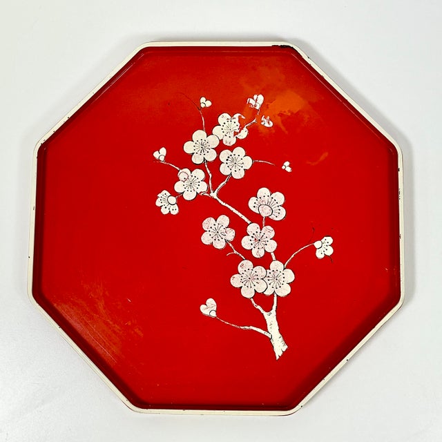 Mid-Century Boho Chic Octagonal Shaped Plastic Serving Tray With Cherry Bloosom Design For Sale - Image 13 of 14