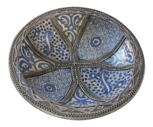 Moroccan Blue Ceramic Dish Bowl Adorned With Silver Filigree From Fez