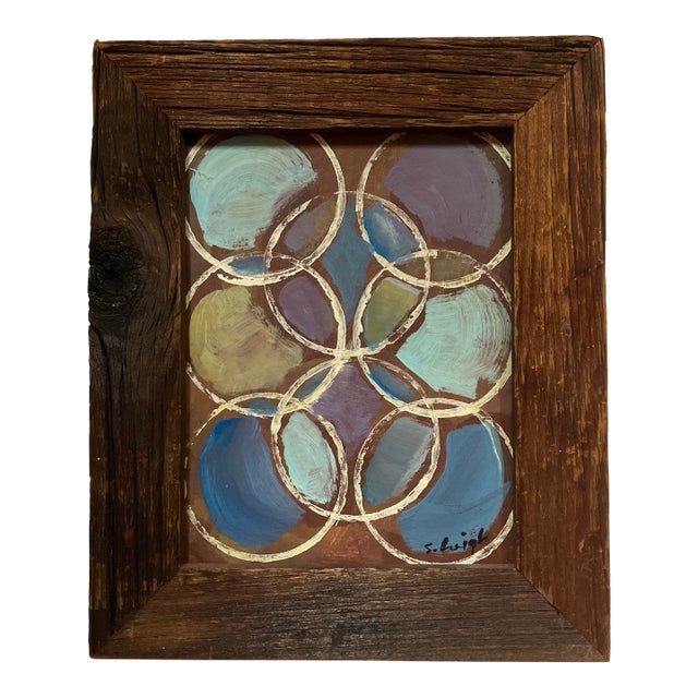 Contemporary Original Stephen Heigh Abstract Painting Distressed Barn Wood Frame “Ring Tone” For Sale