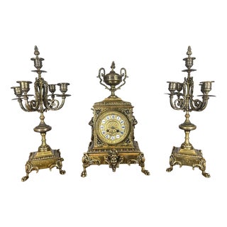 Vintage French Clock Garniture with Candelabras, Set of 3 For Sale