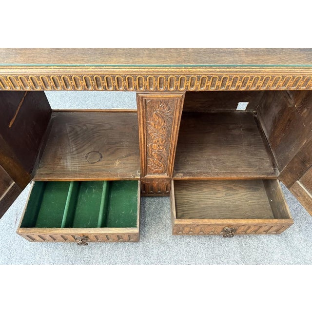 Antique Carved Oak Buffet With Metal Hardware For Sale - Image 10 of 18