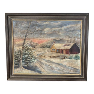 Original Winter Farm Landscape Oil Painting in Carved Wood Frame | Snow Covered Country Scene For Sale