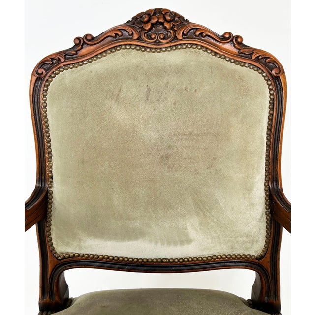 Late 20th Century Italian Chateau d'Ax Carved Armchairs in Suede With Brass NailHeads, Pair For Sale - Image 12 of 16