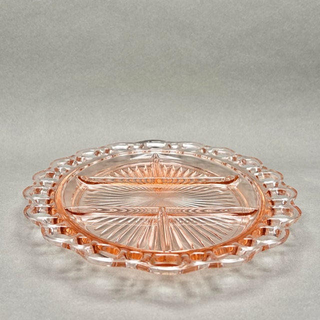 Vintage Pink Anchor Hocking “Old Colony” Open Lace 5-Part Divided Relish Dish Platter For Sale In New York - Image 6 of 8