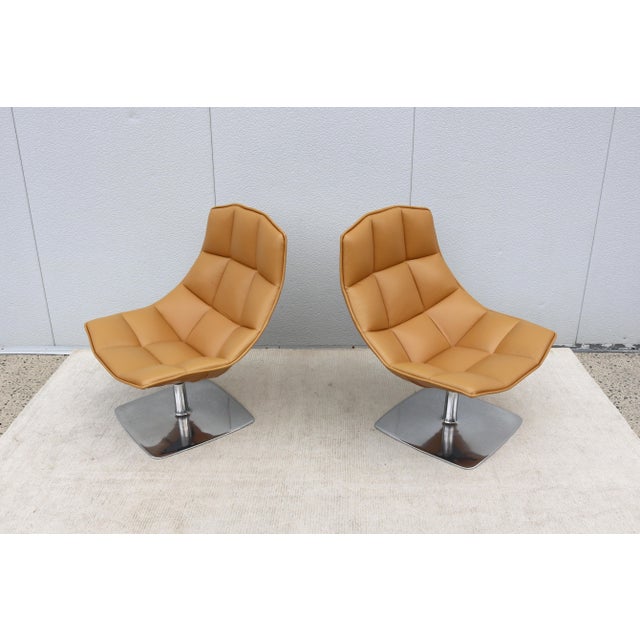 Tan Modern Contemporary Knoll Jehs+Laub Swivel Lounge Chairs in Tan Leather - A Pair For Sale - Image 8 of 18