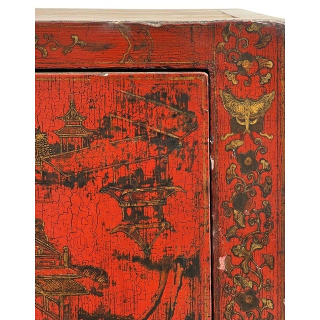 Mid 19th Century Set of 4-Piece Antique Chinese Red Lacquer and Gilt-Painted Cabinets For Sale - Image 9 of 12