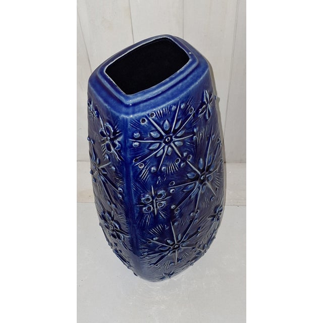 Vintage Blue Ceramic Vase with Ice Crystal Decoration from Scheurich, 1970s For Sale - Image 3 of 5