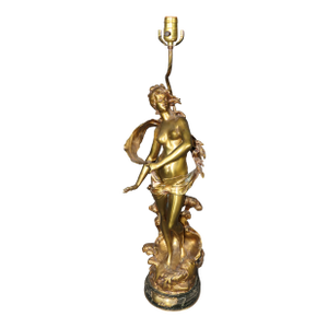 1900 "Naissance De La Perle" Solid Brass Figural Maiden Table Lamp After Moreau