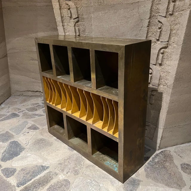 1980s Custom Bookcase Sectioned Storage Rustic Wood Brass For Sale In San Diego - Image 6 of 13