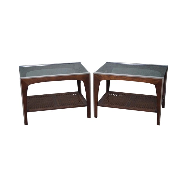 Mid Century Modern Walnut Chrome & Cane Smoked Glass End Tables a